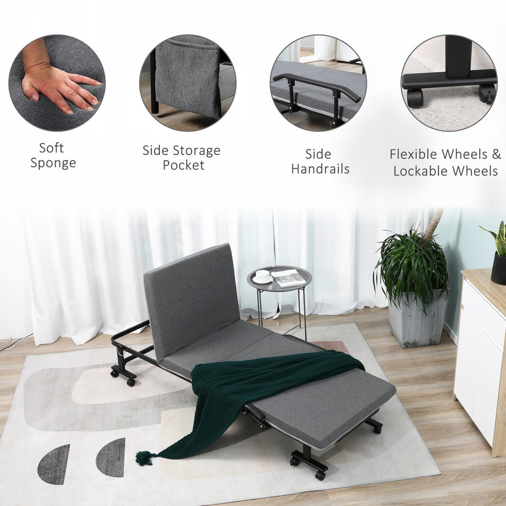 English Elm Rollaway Folding Guest Bed with 3.25" Foam Mattress, Adjustable Backrest, Steel Frame on Wheels W2225142645