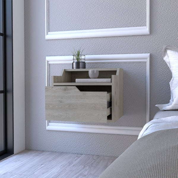 English Elm Floating Nightstand Chester Light Gray Wall-Mount Floating Shelf with Drawer, Dual-Tier Surface, Sleek Modern Bedroom Storage B092142804