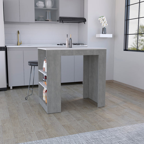 English Elm Kitchen Island Doyle Concrete Gray with Ibiza Marble Finish — Compact Prep Station, 3 Open Shelves, Engineered Wood Durable Storage 90cm B092142835