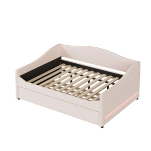 English Elm Teddy Full Size Upholstered Daybed with Twin Trundle, Teddy Fleece Upholstery, Modern Striped Accent Headboard and Sleepover-Friendly Design Beige SF000066AAA