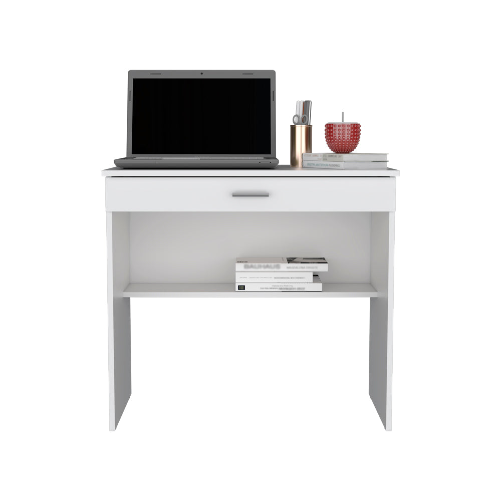 English Elm Desk Eden White Engineered Wood Office Desk with Spacious 27.8"W x13.2"D Drawer, Two-Leg Stable Design B092142855