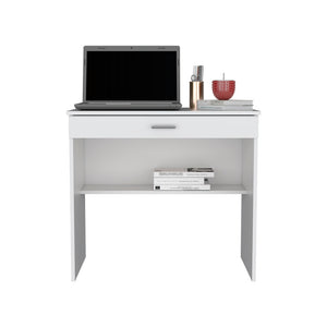 English Elm Desk Eden White Engineered Wood Office Desk with Spacious 27.8"W x13.2"D Drawer, Two-Leg Stable Design B092142855