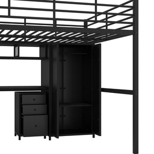 English Elm Metal Loft Bed with Desk, Wardrobe & Ladder Shelves Full Black — Space-Saving Study Loft, Sturdy Metal GX000634AAB