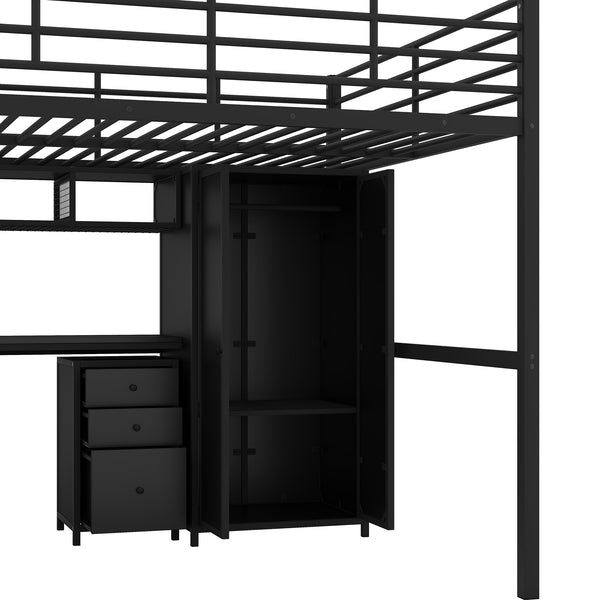 English Elm Metal Loft Bed with Desk, Wardrobe & Ladder Shelves Full Black — Space-Saving Study Loft, Sturdy Metal GX000634AAB