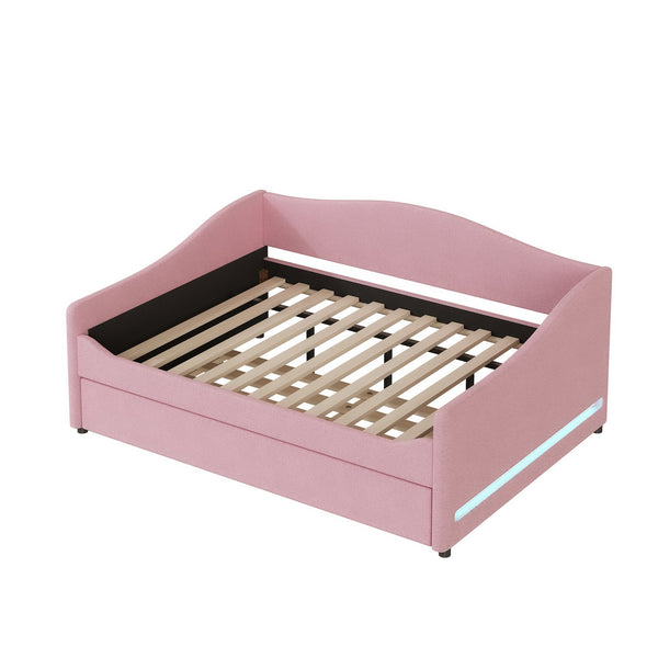 English Elm Teddy Full Size Upholstered Daybed with Twin Trundle, Teddy Fleece Upholstery, Modern Striped Accent Headboard and Sleepover-Friendly Design Pink SF000066AAH