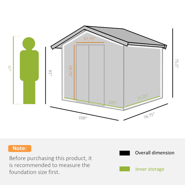 English Elm 9' Galvanized Steel Backyard Shed with Sliding Doors Four Vents and Included Foundation Base W2225S00033