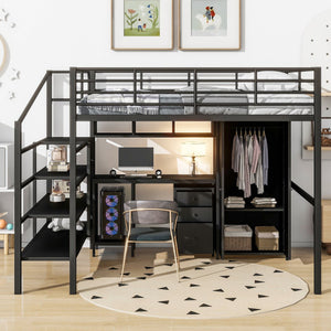 English Elm Metal Loft Bed with Desk, Wardrobe & Ladder Shelves Full Black — Space-Saving Study Loft, Sturdy Metal GX000634AAB