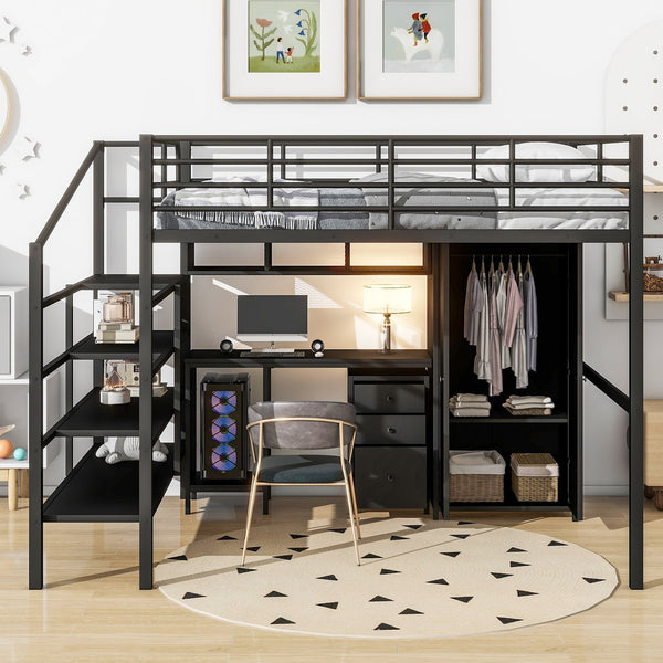 English Elm Metal Loft Bed with Desk, Wardrobe & Ladder Shelves Full Black — Space-Saving Study Loft, Sturdy Metal GX000634AAB