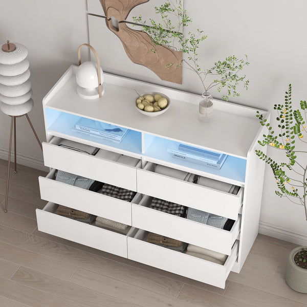 English Elm 6 Drawer Dresser with RGB LED Backlight, White Modern 6-Drawer Chest with Anti-Tip Kit for Bedroom W132166406