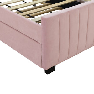English Elm Twin Velvet Upholstered Platform Bed with Trundle — Space-Saving Sleepover Solution, Durable Design Pink SF000069AAH