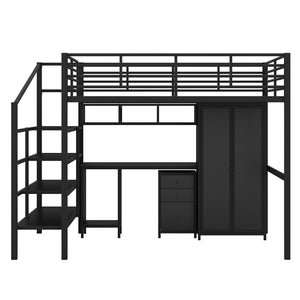English Elm Metal Loft Bed with Desk, Wardrobe & Ladder Shelves Full Black — Space-Saving Study Loft, Sturdy Metal GX000634AAB