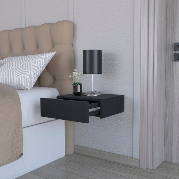 English Elm Nightstand Isola Wall-Mounted Black Engineered Wood – Space-Saving Floating Design with Large Drawer and 15.7" Top Surface B092142819