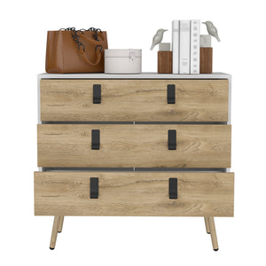 English Elm Dresser Magness Modern White & Macadamia 3-Drawer Compact Engineered Wood with Metal Handles and Legs B092142845
