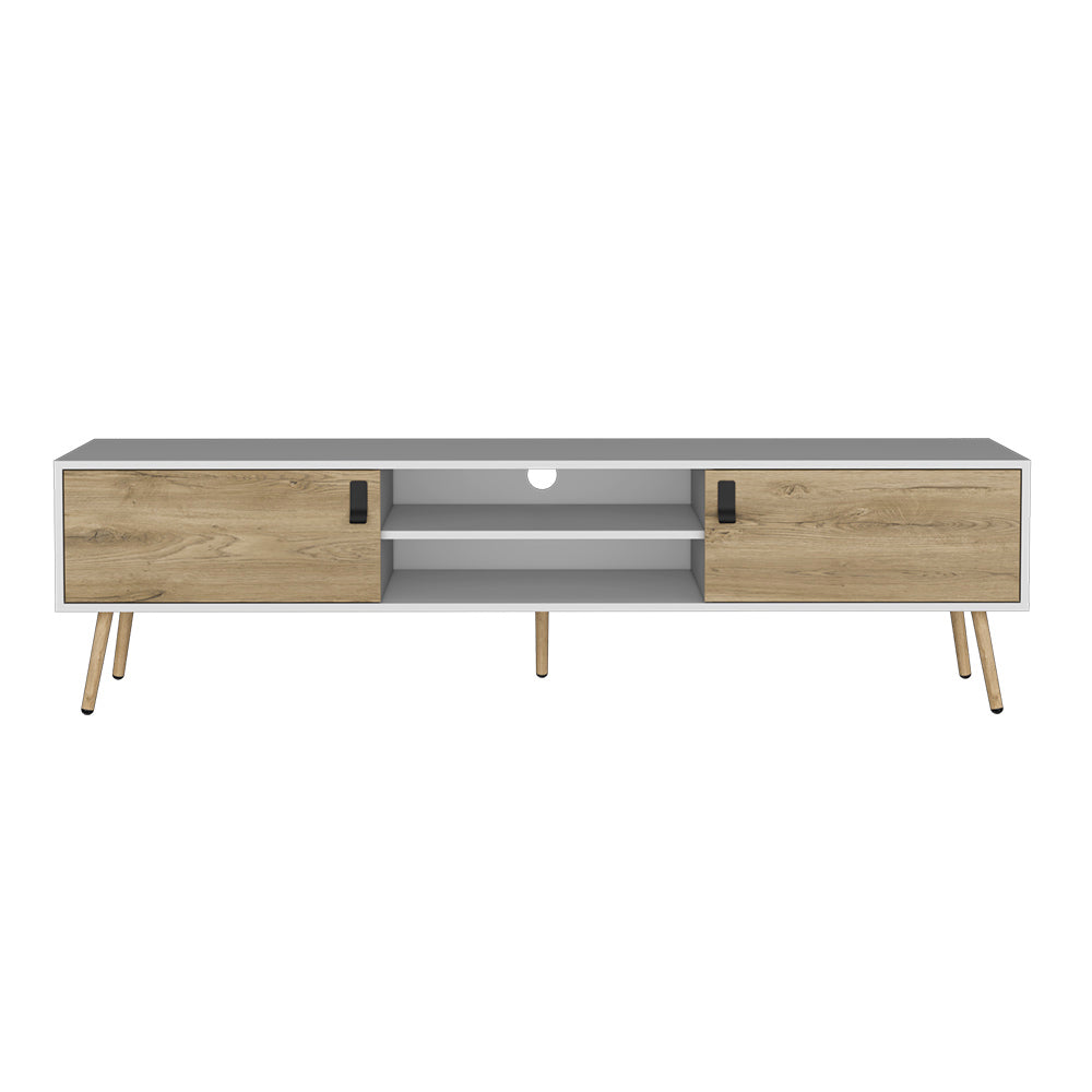 English Elm Tv Stand A Magness Modern Two-Tone White & Macadamia TV Console with Open Shelves, Cabinets, Stable Legs B092142843