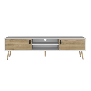 English Elm Tv Stand A Magness Modern Two-Tone White & Macadamia TV Console with Open Shelves, Cabinets, Stable Legs B092142843