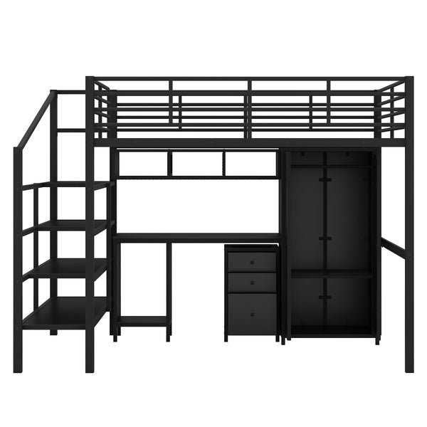 English Elm Metal Loft Bed with Desk, Wardrobe & Ladder Shelves Full Black — Space-Saving Study Loft, Sturdy Metal GX000634AAB