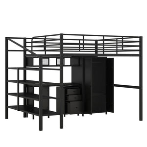 English Elm Metal Loft Bed with Desk, Wardrobe & Ladder Shelves Full Black — Space-Saving Study Loft, Sturdy Metal GX000634AAB