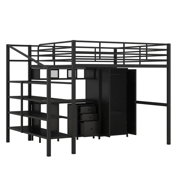 English Elm Metal Loft Bed with Desk, Wardrobe & Ladder Shelves Full Black — Space-Saving Study Loft, Sturdy Metal GX000634AAB