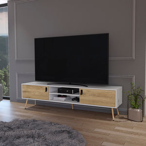 English Elm Tv Stand A Magness Modern Two-Tone White & Macadamia TV Console with Open Shelves, Cabinets, Stable Legs B092142843