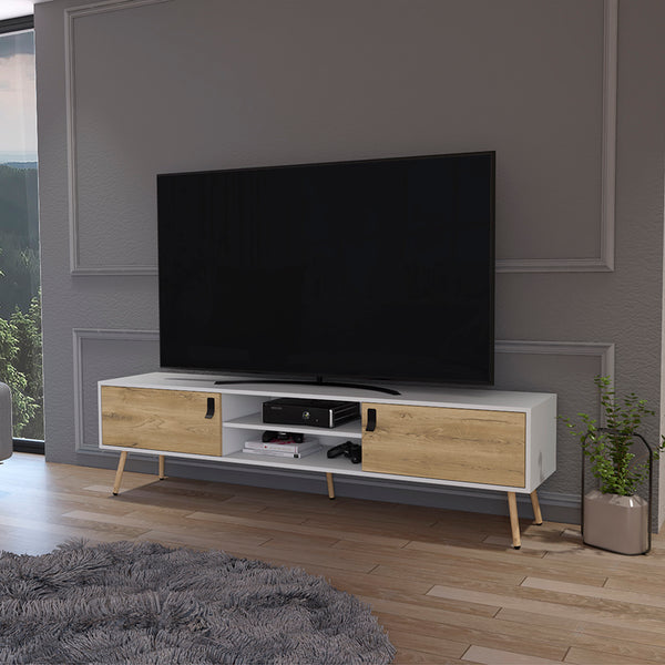 English Elm Tv Stand A Magness Modern Two-Tone White & Macadamia TV Console with Open Shelves, Cabinets, Stable Legs B092142843