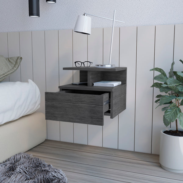 English Elm Nightstand Floating Flopini Smokey Oak – Wall-Mounted Engineered Wood Nightstand with Drawer, Space-Saving Shelf and Modern Gray Finish B092142831
