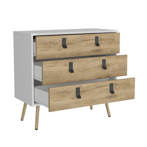 English Elm Dresser Magness Modern White & Macadamia 3-Drawer Compact Engineered Wood with Metal Handles and Legs B092142845