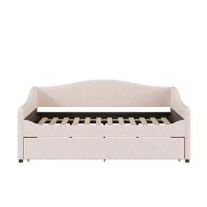 English Elm Teddy Full Size Upholstered Daybed with Twin Trundle, Teddy Fleece Upholstery, Modern Striped Accent Headboard and Sleepover-Friendly Design Beige SF000066AAA