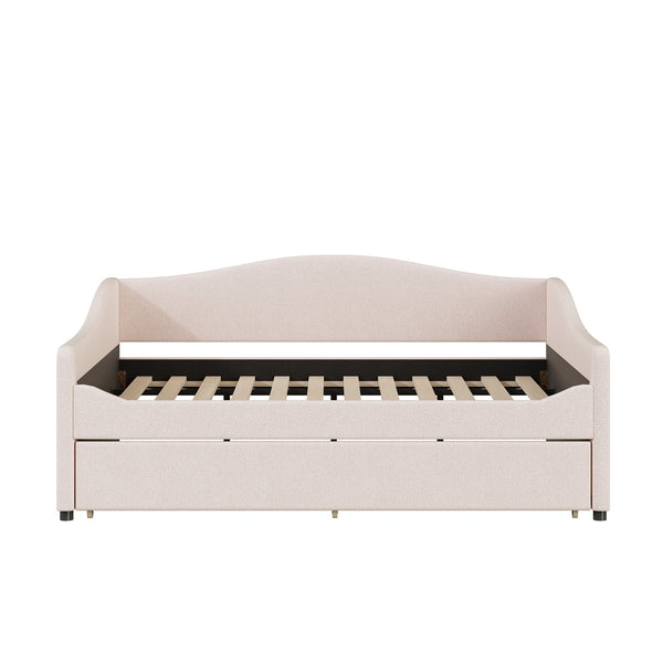 English Elm Teddy Full Size Upholstered Daybed with Twin Trundle, Teddy Fleece Upholstery, Modern Striped Accent Headboard and Sleepover-Friendly Design Beige SF000066AAA