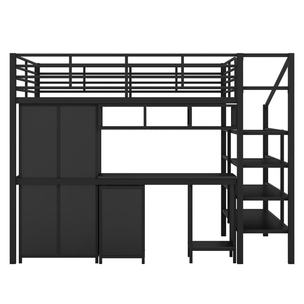 English Elm Metal Loft Bed with Desk, Wardrobe & Ladder Shelves Full Black — Space-Saving Study Loft, Sturdy Metal GX000634AAB