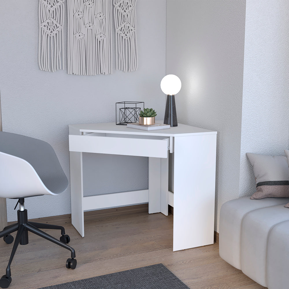 English Elm Corner Desk Granger Engineered Wood Corner Desk in White with Drawer, Space-Saving Stable Design B092142856