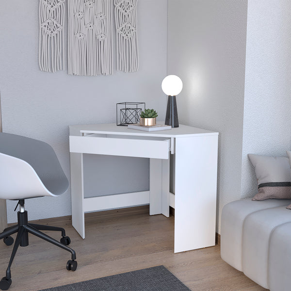 English Elm Corner Desk Granger Engineered Wood Corner Desk in White with Drawer, Space-Saving Stable Design B092142856