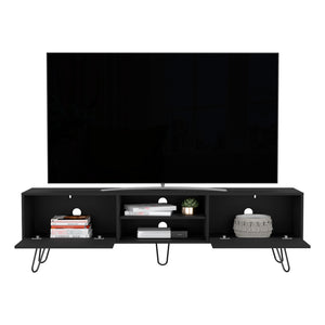 English Elm Tv Stand Franklin Elegant Black Engineered Wood TV Console with Two Open Shelves, Closed Storage, Five-Leg Design 75.1" B092142851