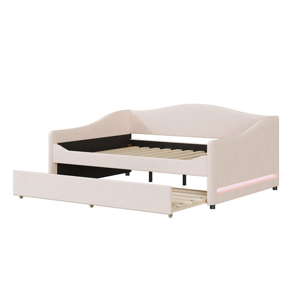 English Elm Teddy Full Size Upholstered Daybed with Twin Trundle, Teddy Fleece Upholstery, Modern Striped Accent Headboard and Sleepover-Friendly Design Beige SF000066AAA