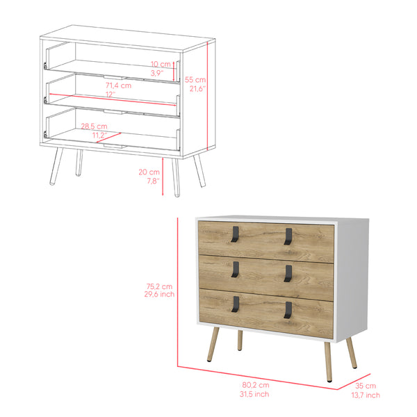 English Elm Dresser Magness Modern White & Macadamia 3-Drawer Compact Engineered Wood with Metal Handles and Legs B092142845