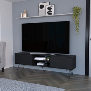 English Elm Tv Stand Franklin Elegant Black Engineered Wood TV Console with Two Open Shelves, Closed Storage, Five-Leg Design 75.1" B092142851