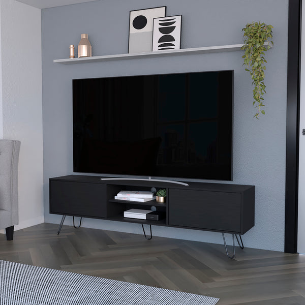 English Elm Tv Stand Franklin Elegant Black Engineered Wood TV Console with Two Open Shelves, Closed Storage, Five-Leg Design 75.1" B092142851