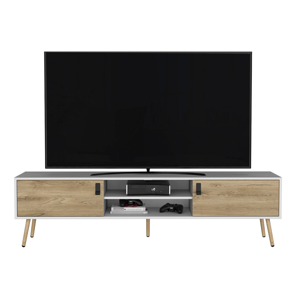 English Elm Tv Stand A Magness Modern Two-Tone White & Macadamia TV Console with Open Shelves, Cabinets, Stable Legs B092142843