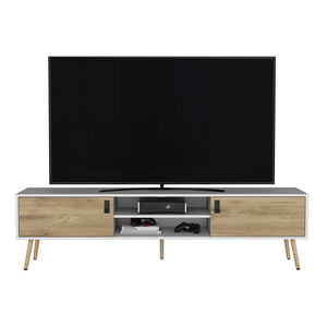 English Elm Tv Stand A Magness Modern Two-Tone White & Macadamia TV Console with Open Shelves, Cabinets, Stable Legs B092142843