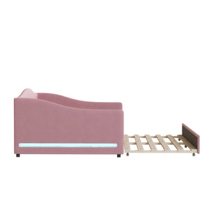 English Elm Teddy Full Size Upholstered Daybed with Twin Trundle, Teddy Fleece Upholstery, Modern Striped Accent Headboard and Sleepover-Friendly Design Pink SF000066AAH