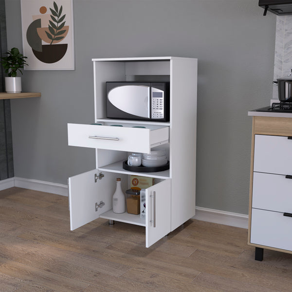 English Elm Kitchen Glenwood Pantry Cabinet White – Engineered Wood, 2 Open Shelves, Drawer & Double Doors, Sleek Storage Solution B092142841