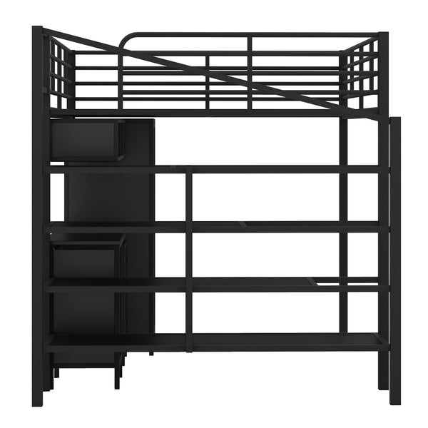 English Elm Metal Loft Bed with Desk, Wardrobe & Ladder Shelves Full Black — Space-Saving Study Loft, Sturdy Metal GX000634AAB