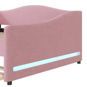 English Elm Teddy Full Size Upholstered Daybed with Twin Trundle, Teddy Fleece Upholstery, Modern Striped Accent Headboard and Sleepover-Friendly Design Pink SF000066AAH