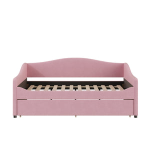 English Elm Teddy Full Size Upholstered Daybed with Twin Trundle, Teddy Fleece Upholstery, Modern Striped Accent Headboard and Sleepover-Friendly Design Pink SF000066AAH