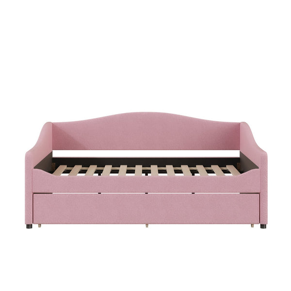 English Elm Teddy Full Size Upholstered Daybed with Twin Trundle, Teddy Fleece Upholstery, Modern Striped Accent Headboard and Sleepover-Friendly Design Pink SF000066AAH
