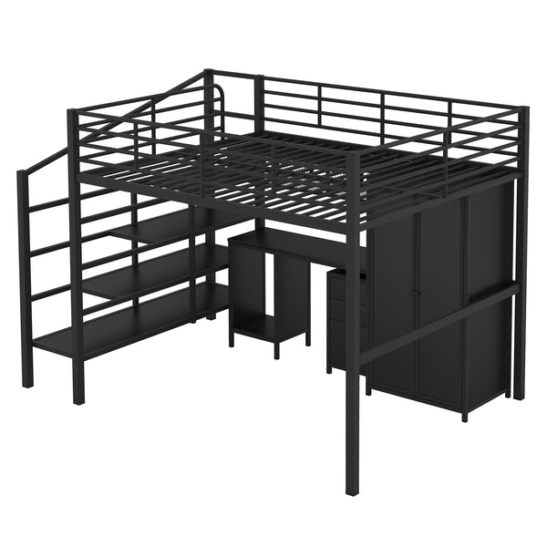 English Elm Metal Loft Bed with Desk, Wardrobe & Ladder Shelves Full Black — Space-Saving Study Loft, Sturdy Metal GX000634AAB