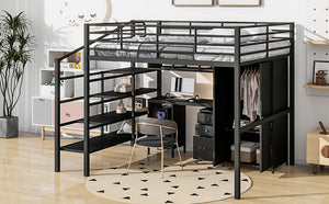 English Elm Metal Loft Bed with Desk, Wardrobe & Ladder Shelves Full Black — Space-Saving Study Loft, Sturdy Metal GX000634AAB