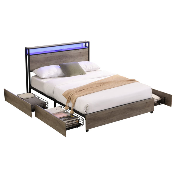 English Elm Full Bed Frame with Storage Headboard, USB Charging, RGB LED App Control, 4 Drawers, Sturdy Noise-Free W2129127798
