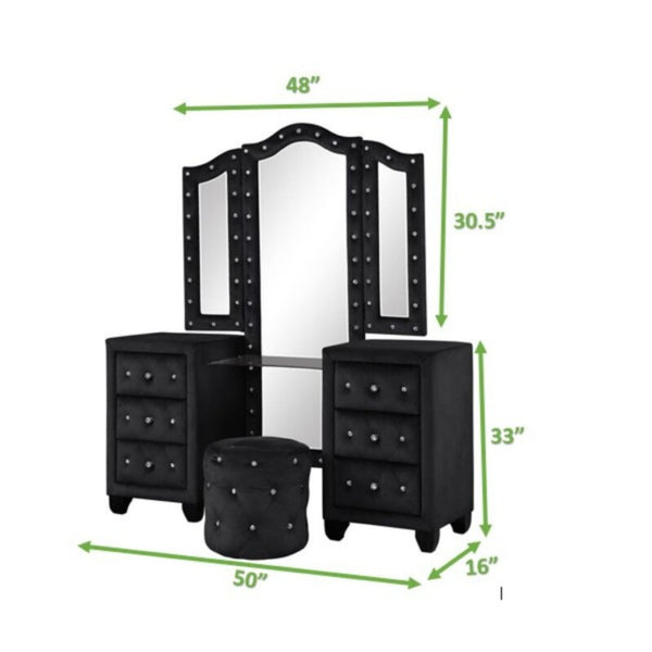 English Elm Crystal Tufted Queen 4-Pc Vanity Bedroom Set With Usb Charging & Tv Stand Footboard In Black B009S01132