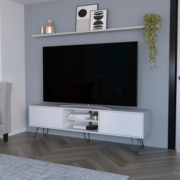 English Elm Tv Stand Franklin Modern White Engineered Wood TV Console with Two Open Shelves, Closed Storage, Five-Leg Stability and Sleek Design B092142852