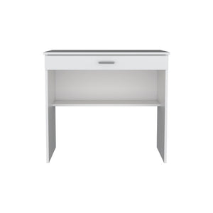 English Elm Desk Eden White Engineered Wood Office Desk with Spacious 27.8"W x13.2"D Drawer, Two-Leg Stable Design B092142855